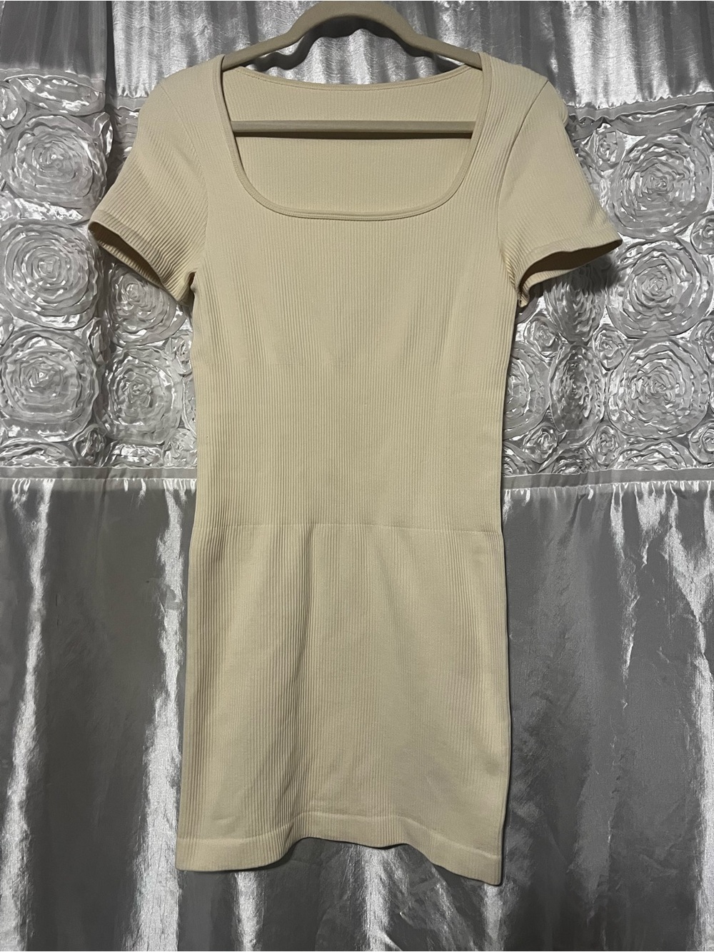 Square-Neck Ribbed Mini Dress in Cream